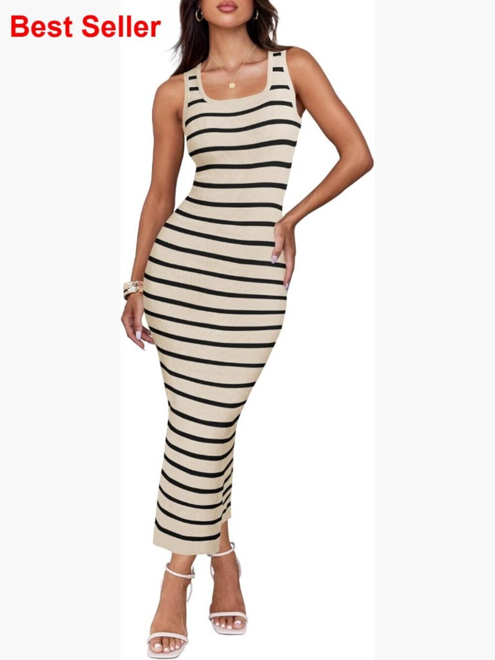 Sleeveless Square Neck Bodycon Midi Dress - Striped Knit